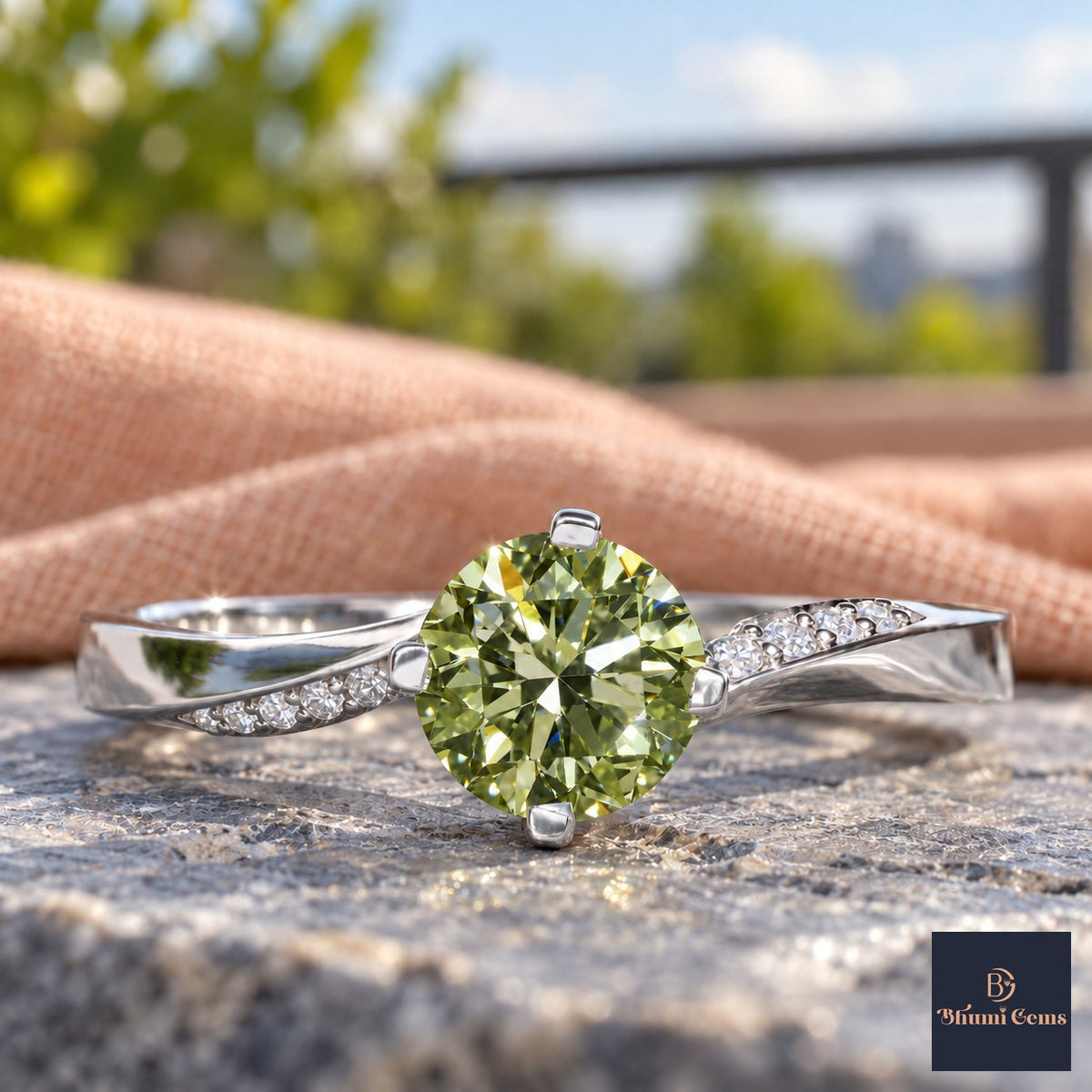 Green Oval Cut Lab Grown Diamond Engagement Ring - Pave Twist Bypass in white gold, close-up