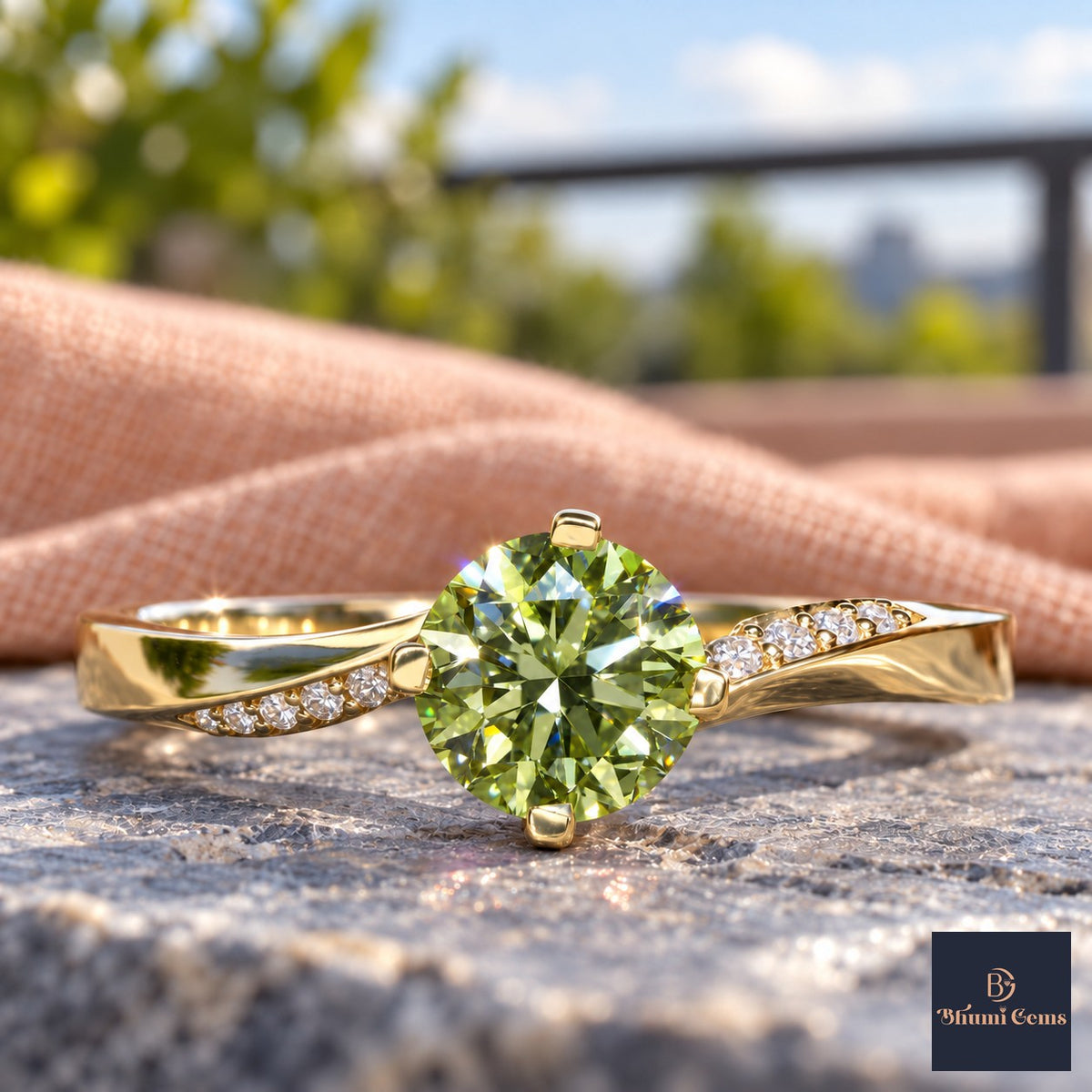 Green Oval Cut Lab Grown Diamond Engagement Ring - Pave Twist Bypass in yellow gold, close-up