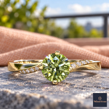 Green Oval Cut Lab Grown Diamond Engagement Ring - Pave Twist Bypass in yellow gold, close-up