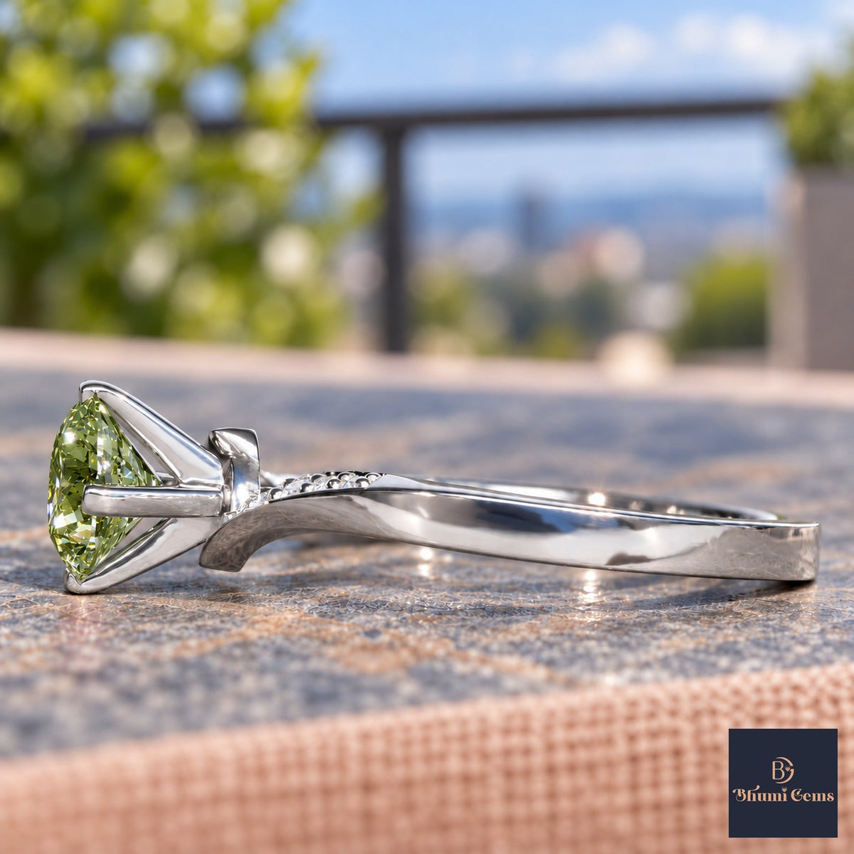 Green Oval Cut Lab Grown Diamond Engagement Ring - Pave Twist Bypass in white gold, side view