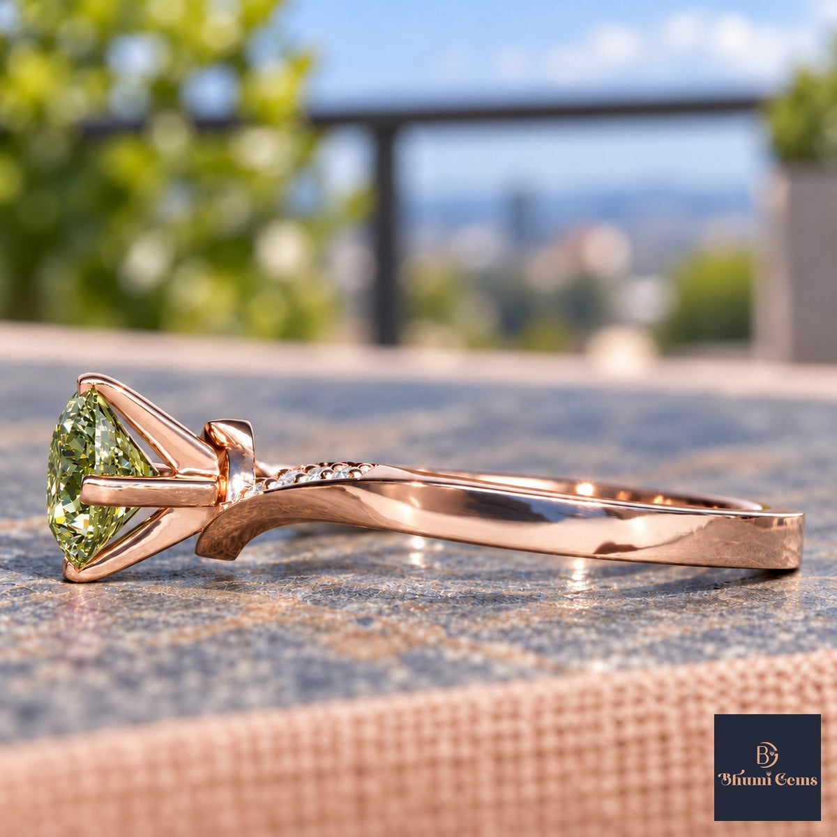 Green Oval Cut Lab Grown Diamond Engagement Ring - Pave Twist Bypass in rose gold, side view