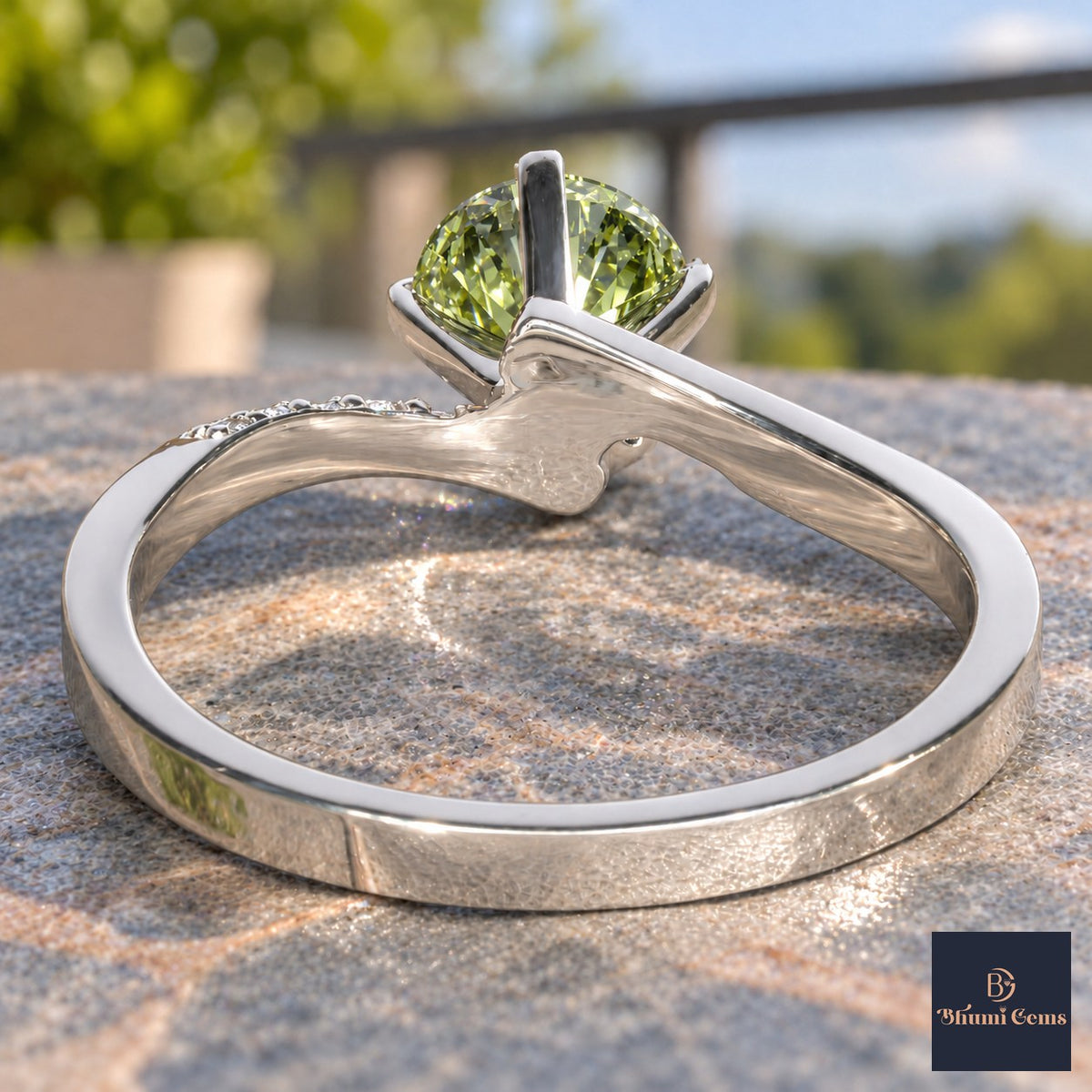 Green Oval Cut Lab Grown Diamond Engagement Ring - Pave Twist Bypass in white gold, gallery view