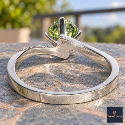 Green Oval Cut Lab Grown Diamond Engagement Ring - Pave Twist Bypass in white gold, gallery view