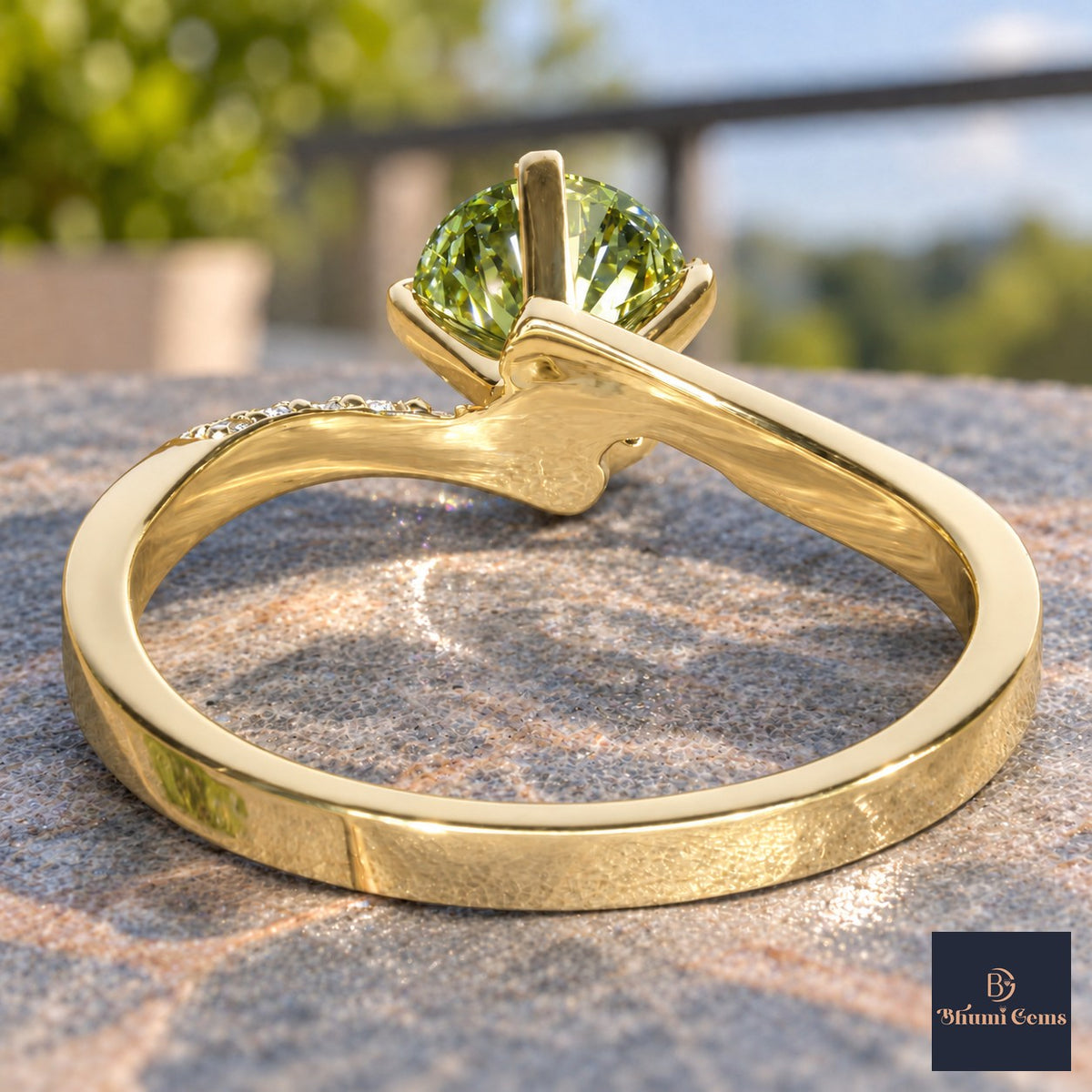 Green Oval Cut Lab Grown Diamond Engagement Ring - Pave Twist Bypass in yellow gold, gallery view