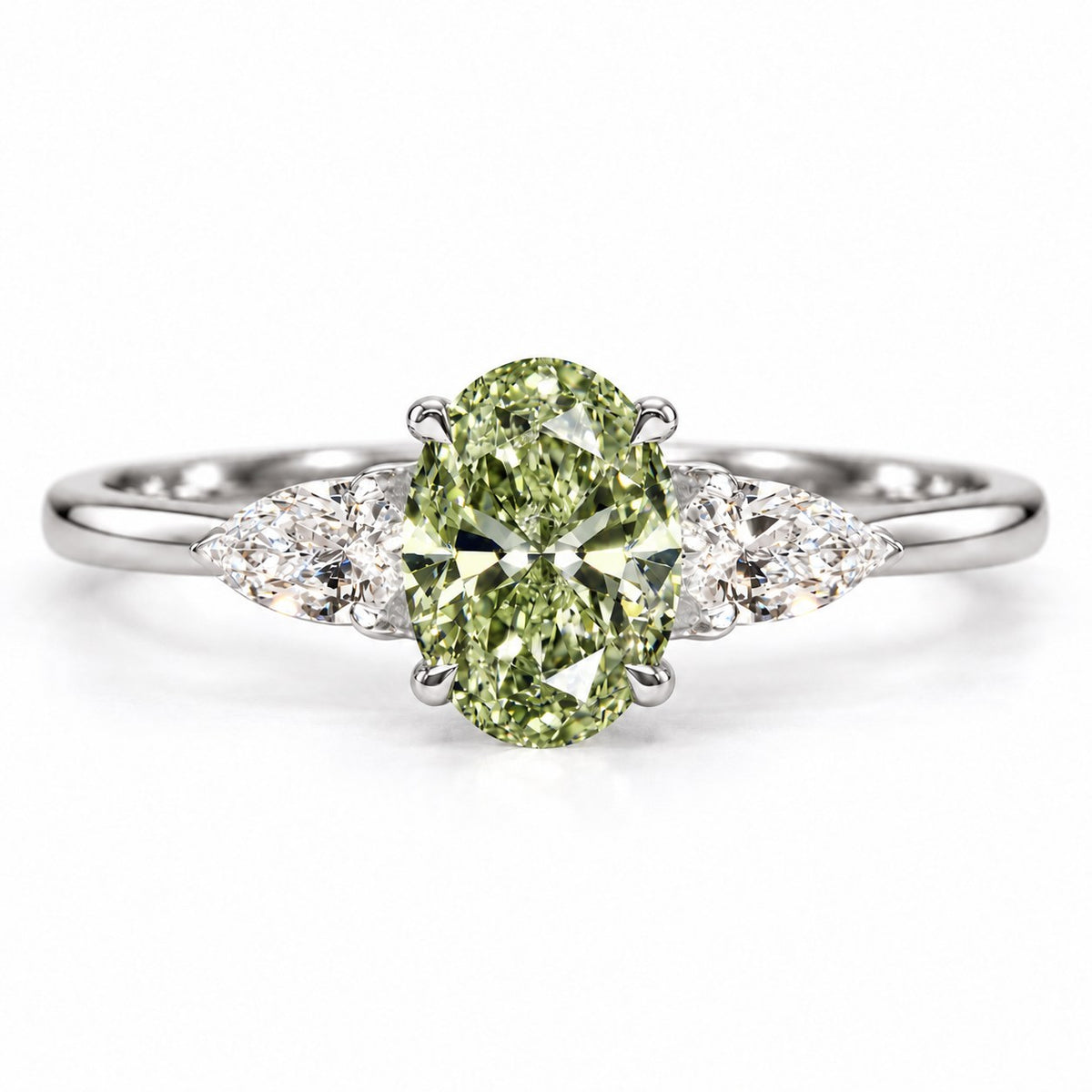 Green Oval Cut Lab Grown Diamond Engagement Ring - Pear Side Stones in white gold, front view