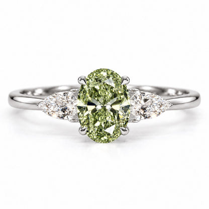 Green Oval Cut Lab Grown Diamond Engagement Ring - Pear Side Stones in white gold, front view