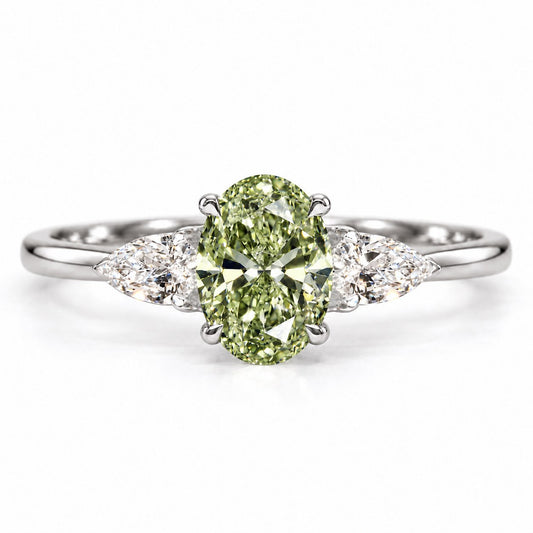 Green Oval Cut Lab Grown Diamond Engagement Ring - Pear Side Stones in white gold, front view