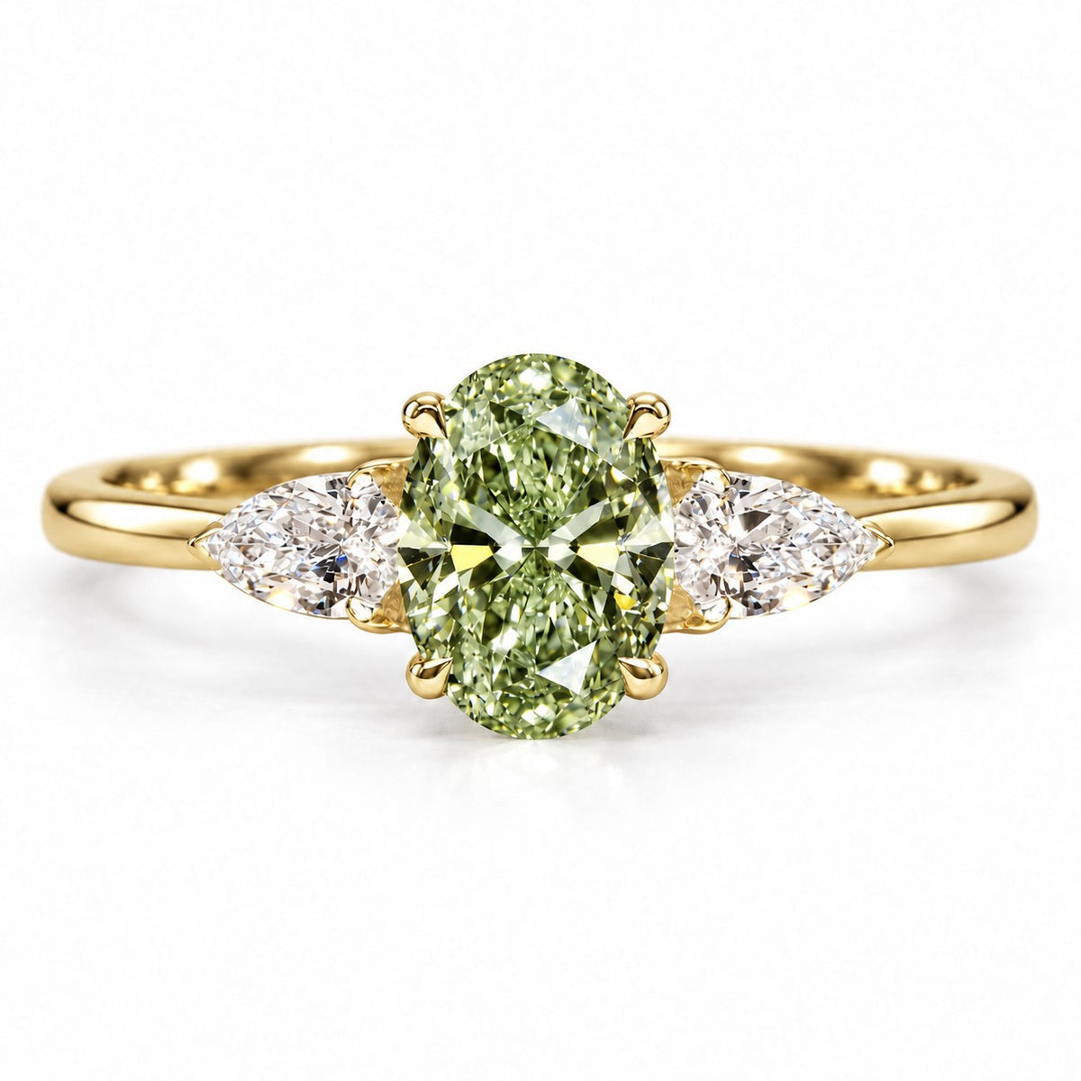 Green Oval Cut Lab Grown Diamond Engagement Ring - Pear Side Stones in yellow gold, front view