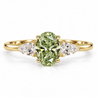 Green Oval Cut Lab Grown Diamond Engagement Ring - Pear Side Stones in yellow gold, front view