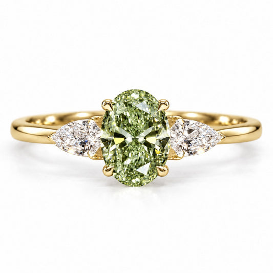 Green Oval Cut Lab Grown Diamond Engagement Ring - Pear Side Stones in yellow gold, front view