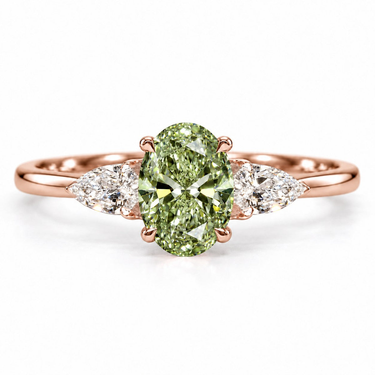 Green Oval Cut Lab Grown Diamond Engagement Ring - Pear Side Stones in rose gold, front view