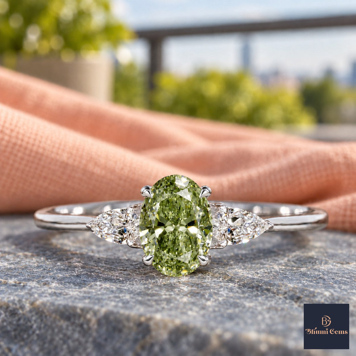 Green Oval Cut Lab Grown Diamond Engagement Ring - Pear Side Stones in white gold, close-up