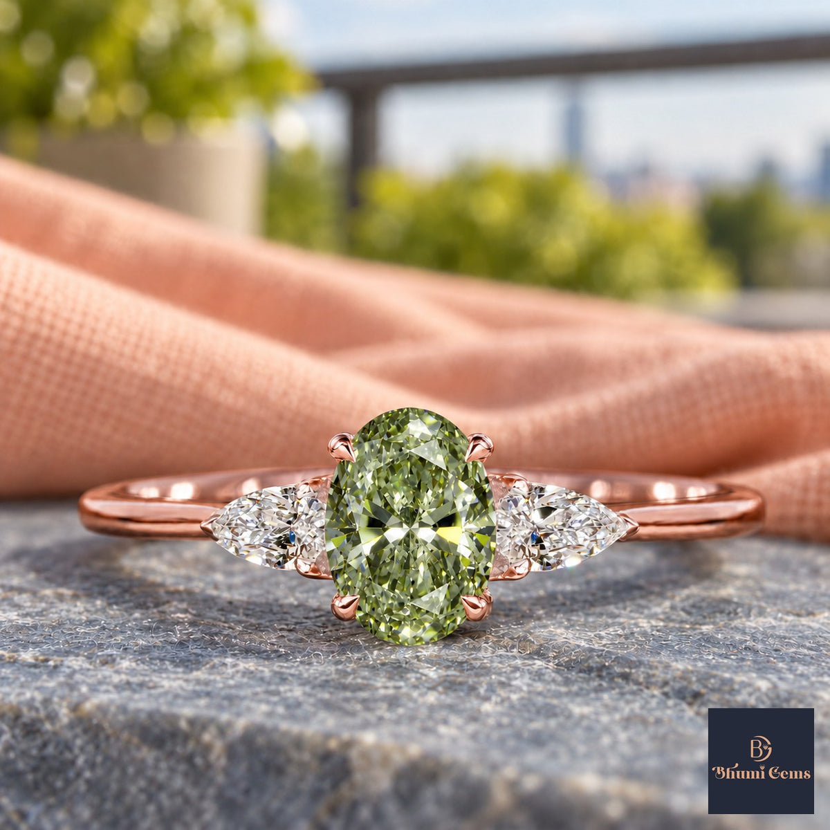 Green Oval Cut Lab Grown Diamond Engagement Ring - Pear Side Stones in rose gold, close-up