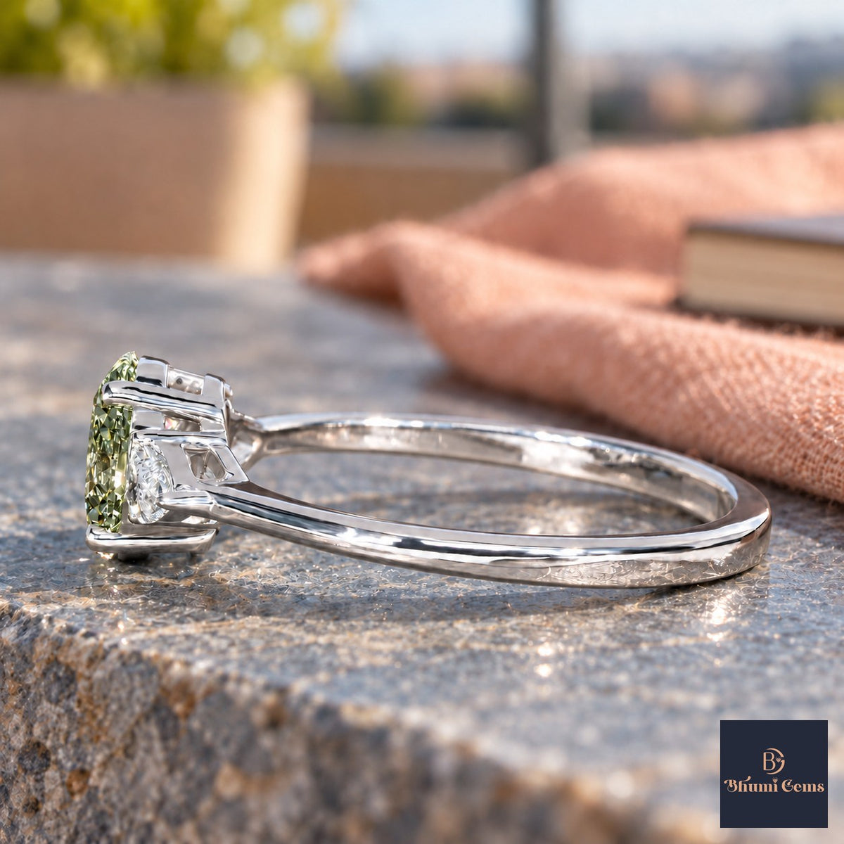 Green Oval Cut Lab Grown Diamond Engagement Ring - Pear Side Stones in white gold, side view