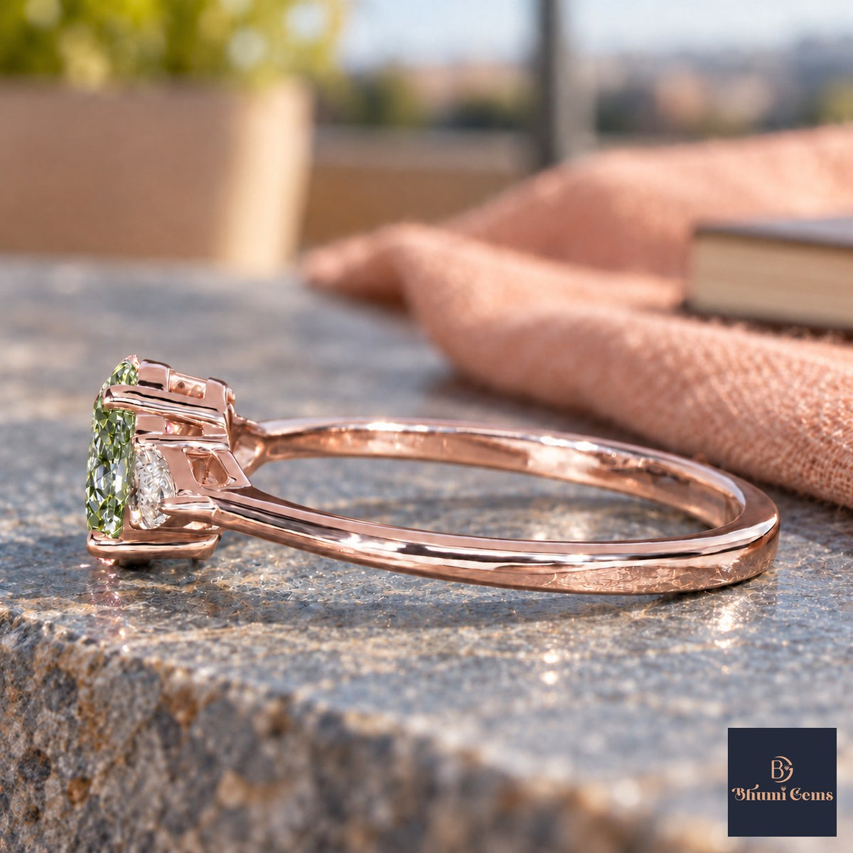 Green Oval Cut Lab Grown Diamond Engagement Ring - Pear Side Stones in rose gold, side view