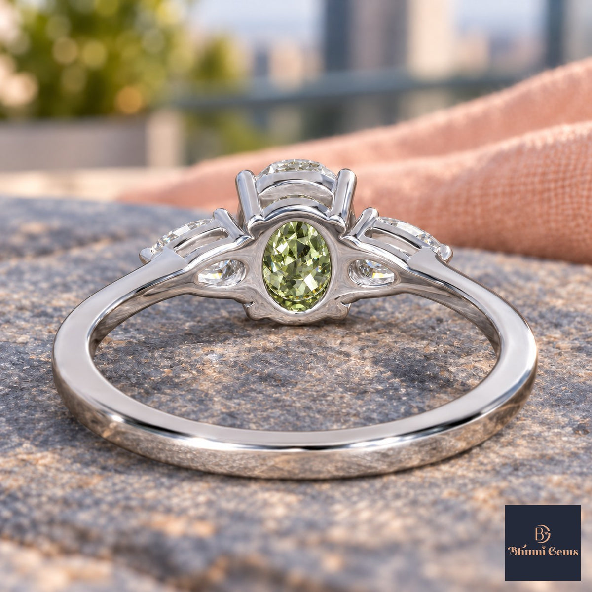 Green Oval Cut Lab Grown Diamond Engagement Ring - Pear Side Stones in white gold, gallery view