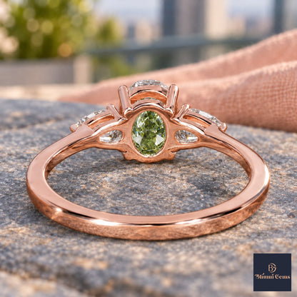 Green Oval Cut Lab Grown Diamond Engagement Ring - Pear Side Stones in rose gold, gallery view
