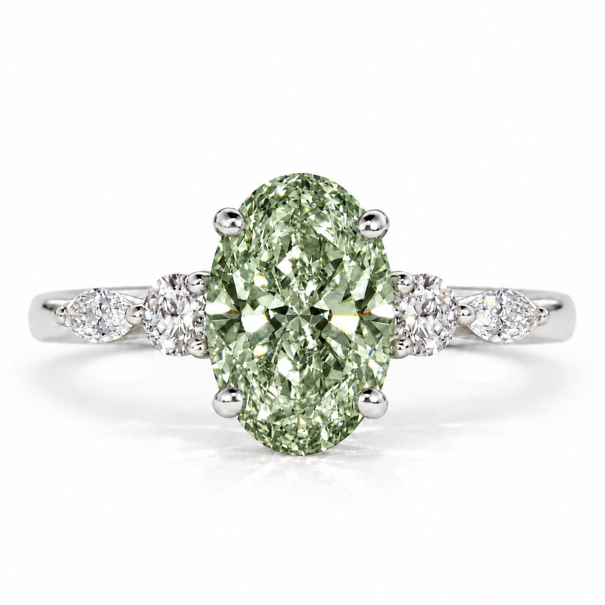 Green Oval Cut Lab Grown Diamond Engagement Ring - Round and Marquise Accents in white gold, front view