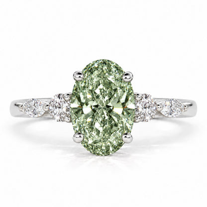 Green Oval Cut Lab Grown Diamond Engagement Ring - Round and Marquise Accents in white gold, front view