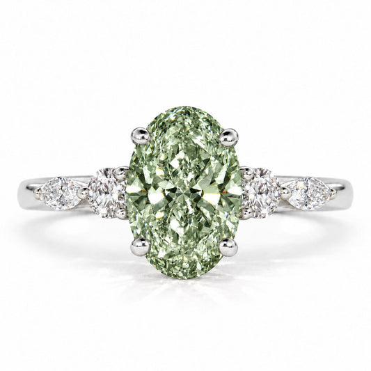 Green Oval Cut Lab Grown Diamond Engagement Ring - Round and Marquise Accents in white gold, front view