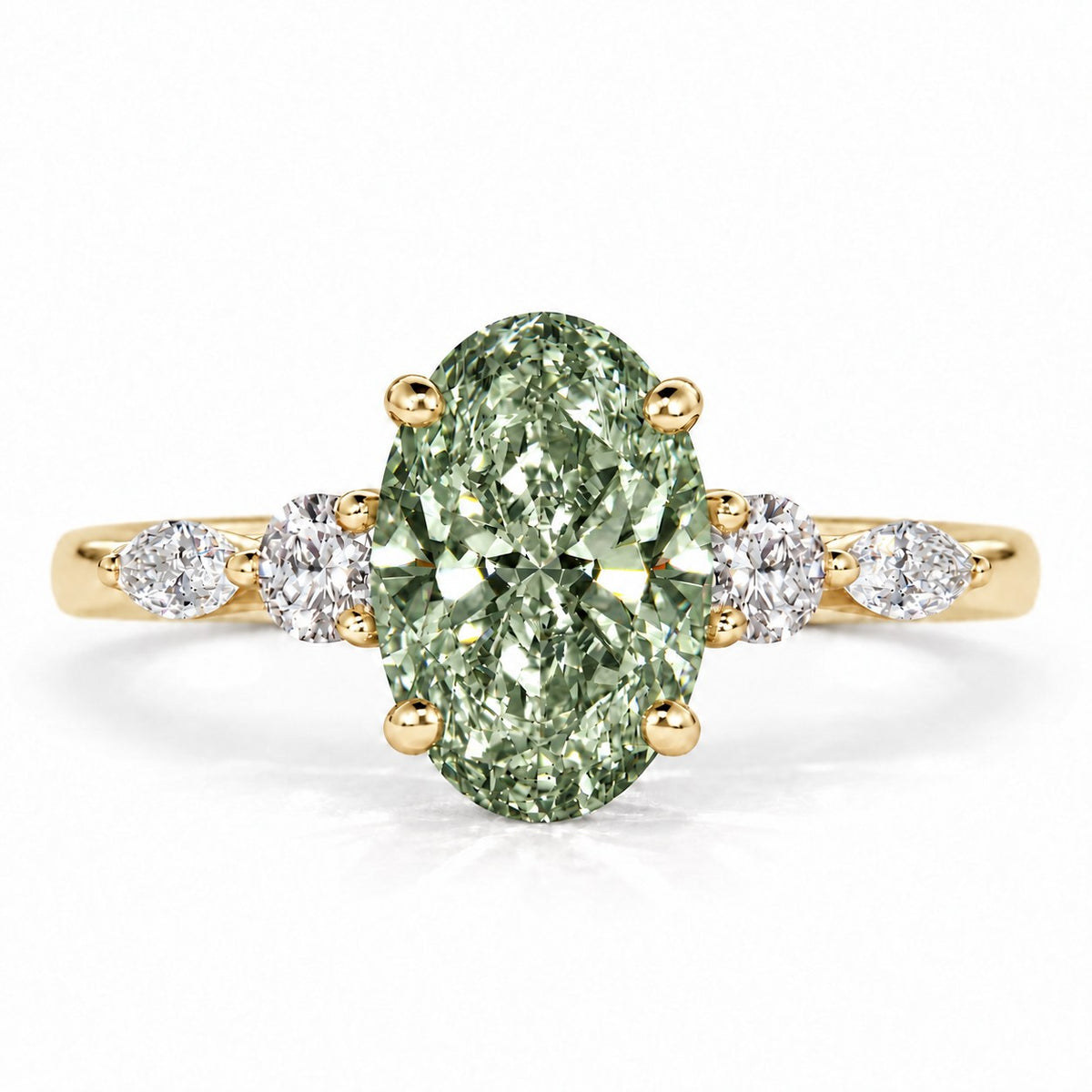 Green Oval Cut Lab Grown Diamond Engagement Ring - Round and Marquise Accents in yellow gold, front view