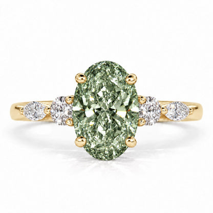 Green Oval Cut Lab Grown Diamond Engagement Ring - Round and Marquise Accents in yellow gold, front view