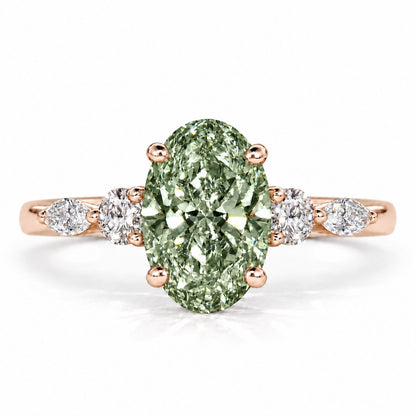 Green Oval Cut Lab Grown Diamond Engagement Ring - Round and Marquise Accents in rose gold, front view