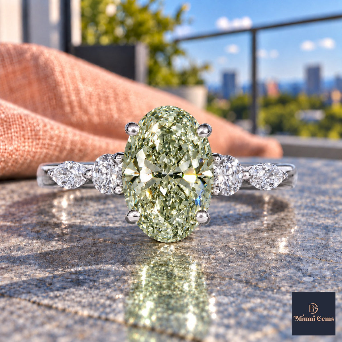 Green Oval Cut Lab Grown Diamond Engagement Ring - Round and Marquise Accents in white gold, close-up