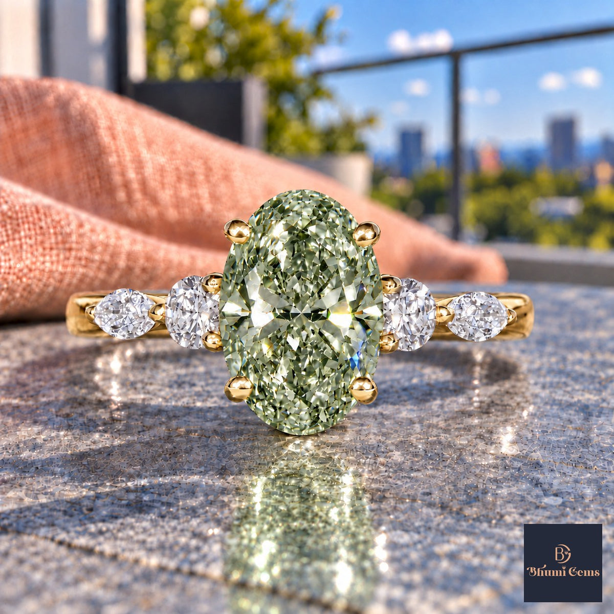 Green Oval Cut Lab Grown Diamond Engagement Ring - Round and Marquise Accents in yellow gold, close-up