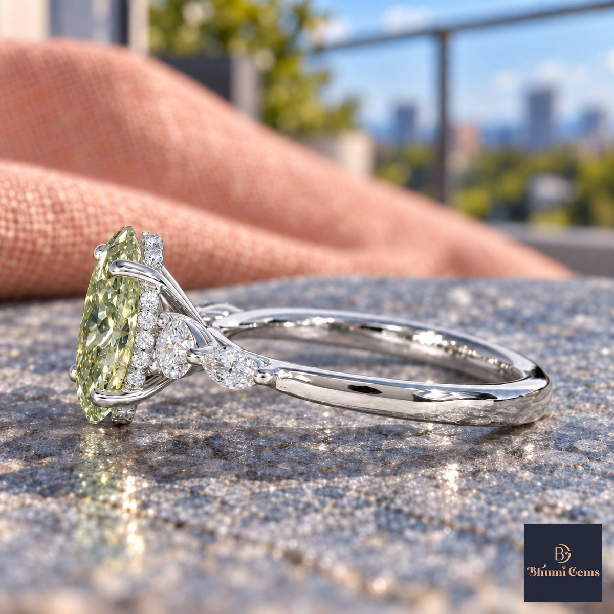 Green Oval Cut Lab Grown Diamond Engagement Ring - Round and Marquise Accents in white gold, side view