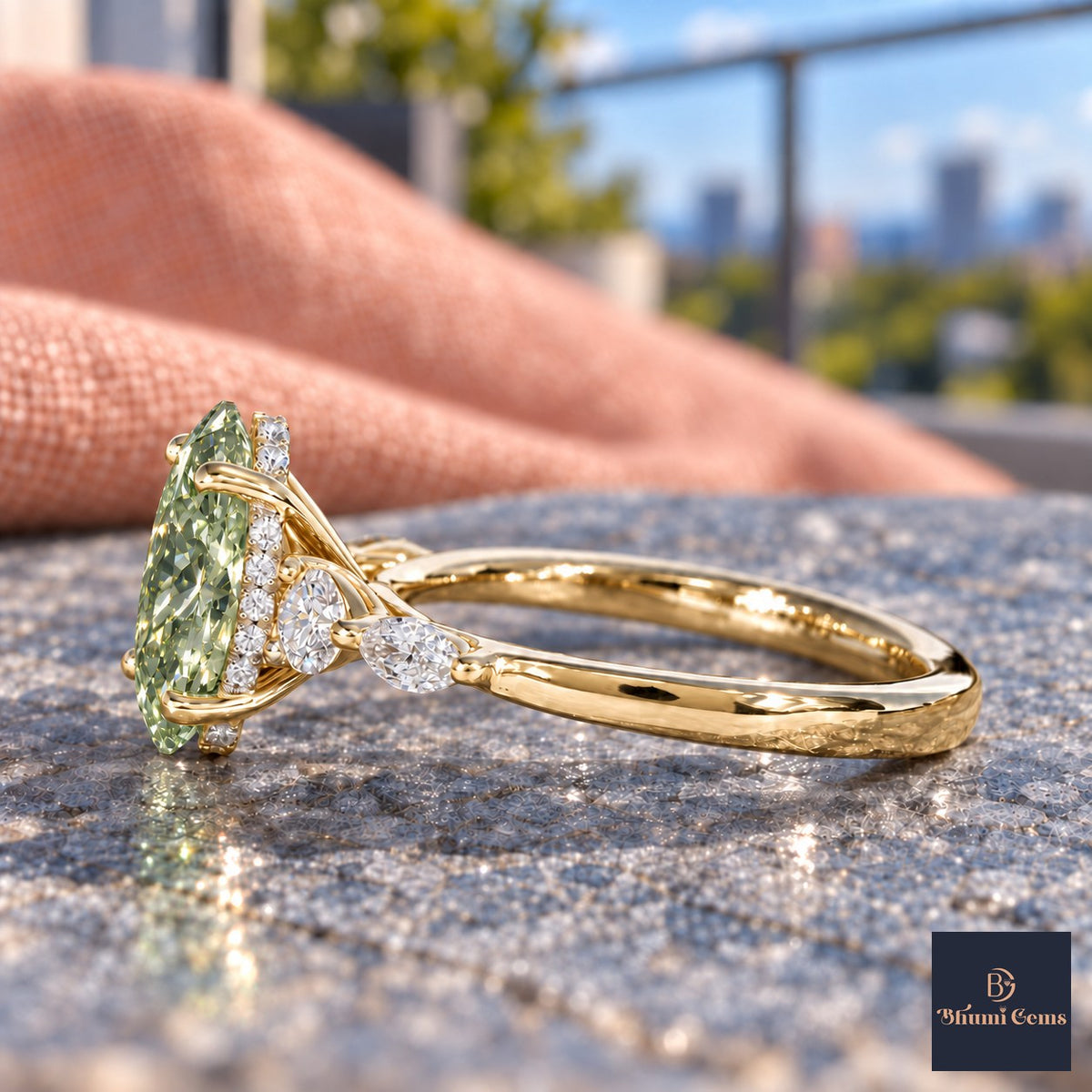 Green Oval Cut Lab Grown Diamond Engagement Ring - Round and Marquise Accents in yellow gold, side view