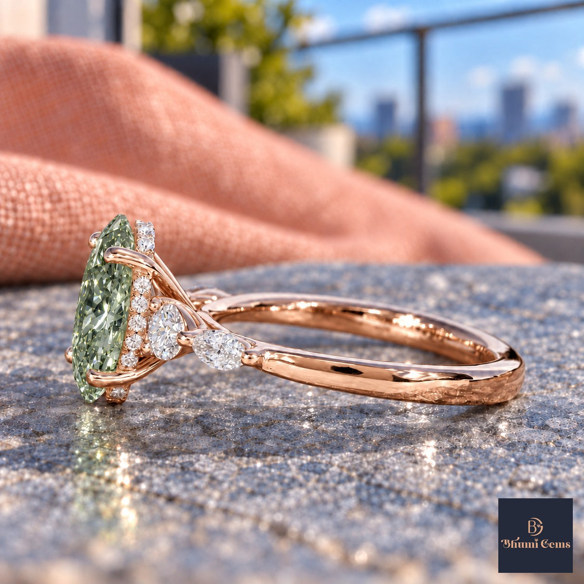 Green Oval Cut Lab Grown Diamond Engagement Ring - Round and Marquise Accents in rose gold, side view