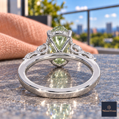 Green Oval Cut Lab Grown Diamond Engagement Ring - Round and Marquise Accents in white gold, gallery view