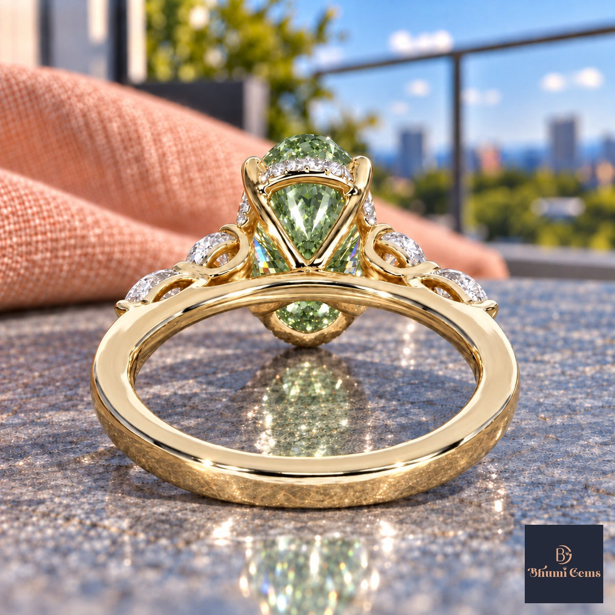 Green Oval Cut Lab Grown Diamond Engagement Ring - Round and Marquise Accents in yellow gold, gallery view