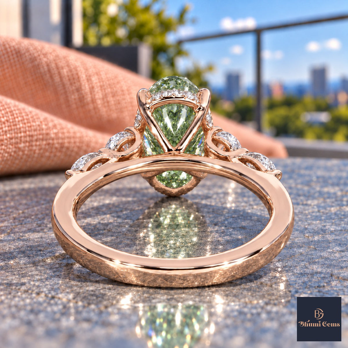 Green Oval Cut Lab Grown Diamond Engagement Ring - Round and Marquise Accents in rose gold, gallery view