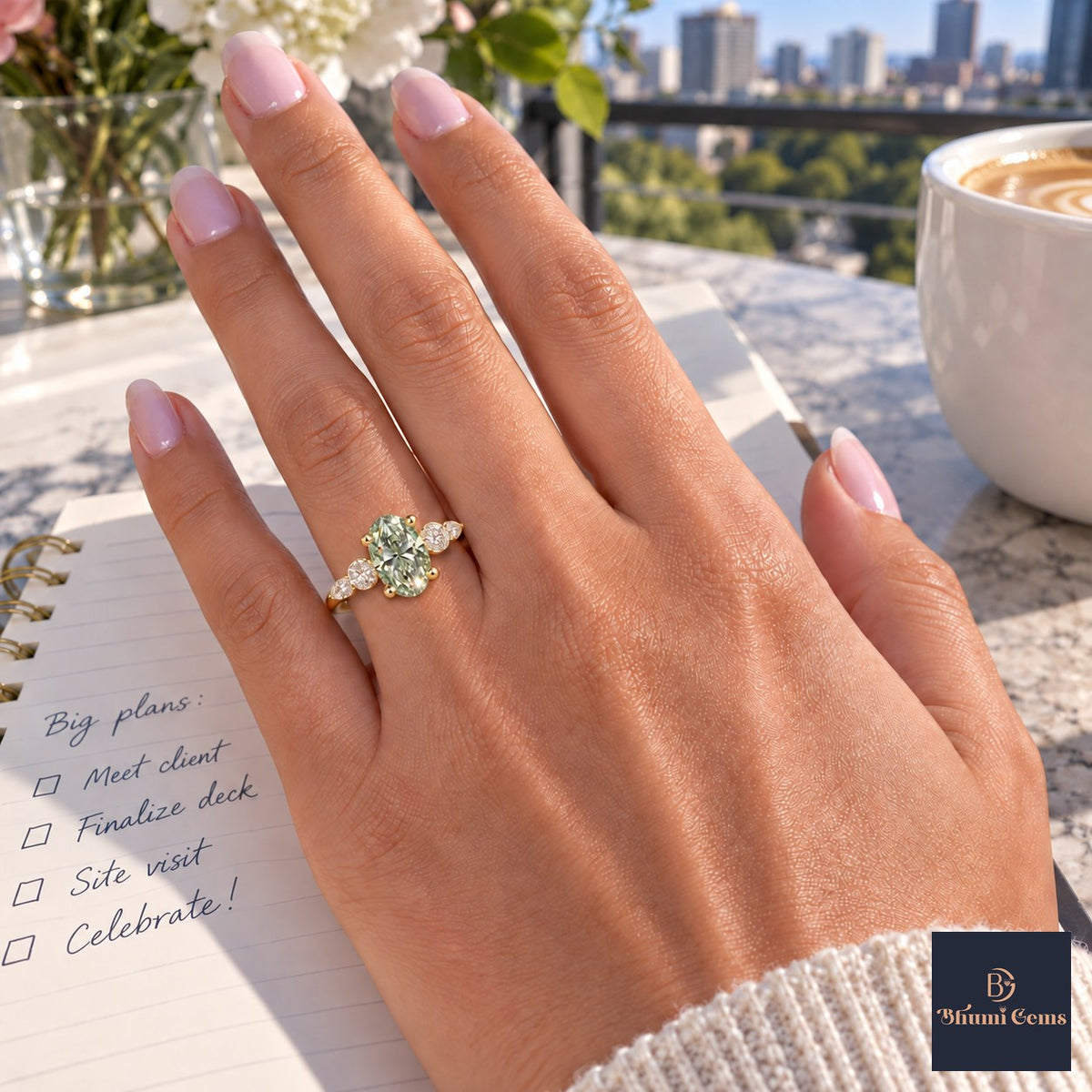 Green Oval Cut Lab Grown Diamond Engagement Ring - Round and Marquise Accents in yellow gold, worn on the hand