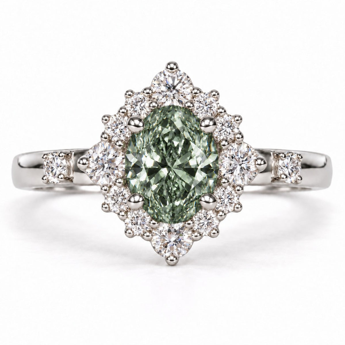 Green Oval Cut Lab Grown Diamond Engagement Ring - Scalloped Halo in white gold, front view