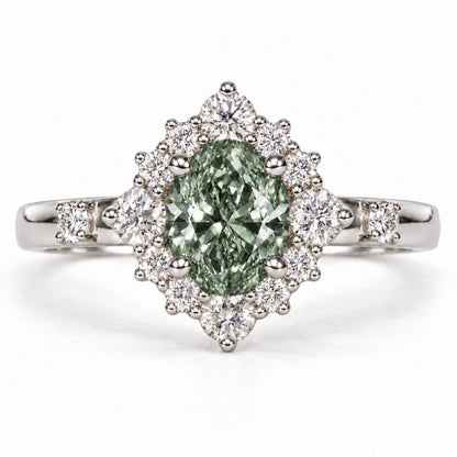 Green Oval Cut Lab Grown Diamond Engagement Ring - Scalloped Halo in white gold, front view