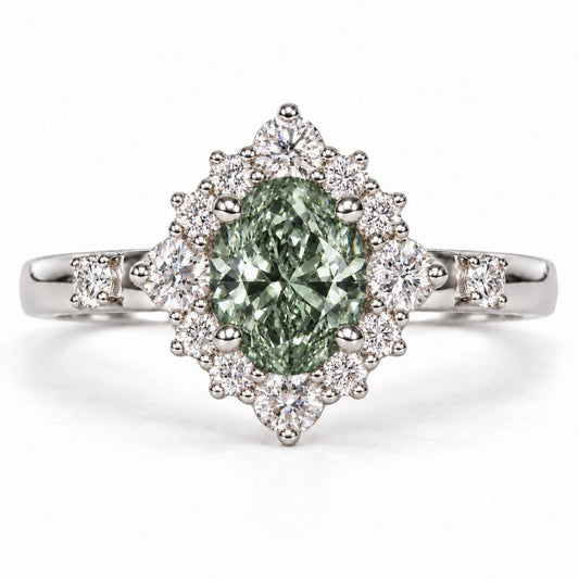 Green Oval Cut Lab Grown Diamond Engagement Ring - Scalloped Halo in white gold, front view