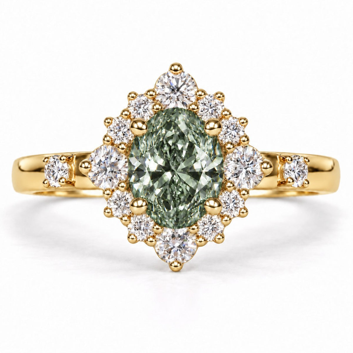 Green Oval Cut Lab Grown Diamond Engagement Ring - Scalloped Halo in yellow gold, front view