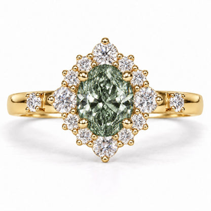 Green Oval Cut Lab Grown Diamond Engagement Ring - Scalloped Halo in yellow gold, front view