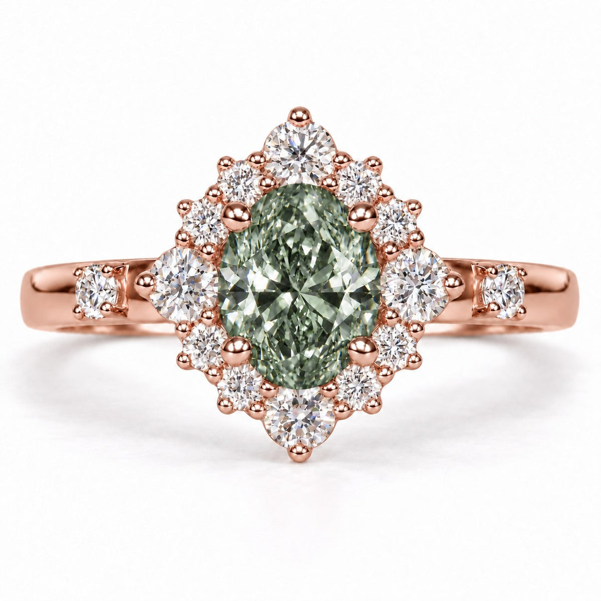 Green Oval Cut Lab Grown Diamond Engagement Ring - Scalloped Halo in rose gold, front view