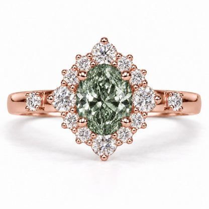 Green Oval Cut Lab Grown Diamond Engagement Ring - Scalloped Halo in rose gold, front view