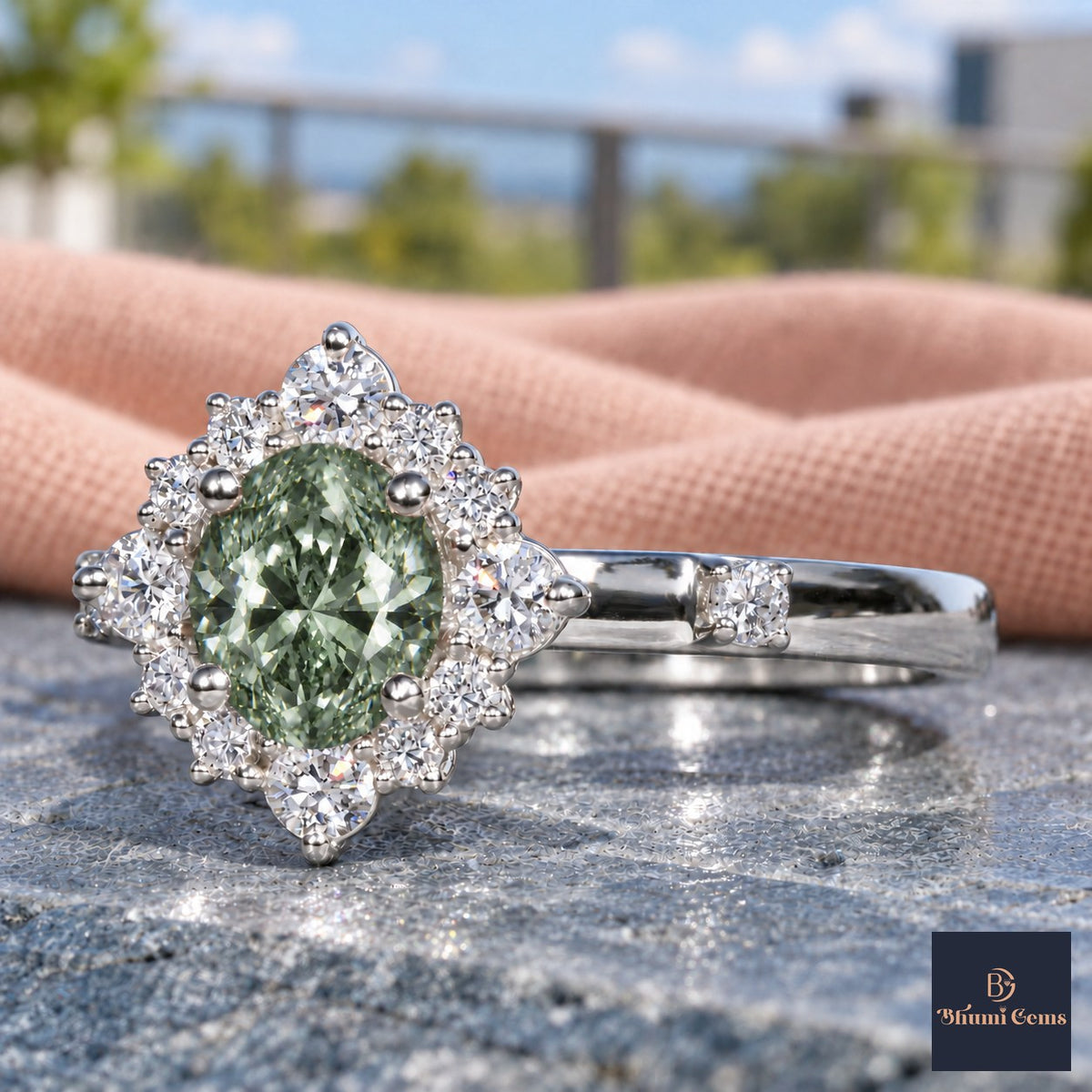 Green Oval Cut Lab Grown Diamond Engagement Ring - Scalloped Halo in white gold, close-up