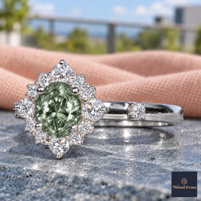 Green Oval Cut Lab Grown Diamond Engagement Ring - Scalloped Halo in white gold, close-up