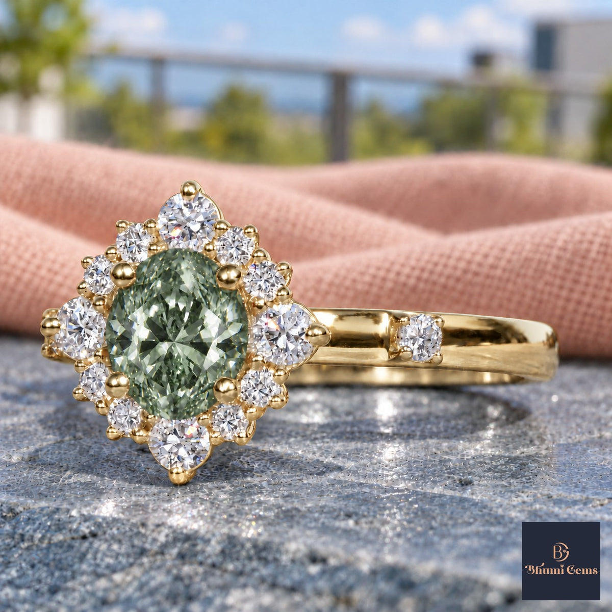 Green Oval Cut Lab Grown Diamond Engagement Ring - Scalloped Halo in yellow gold, close-up