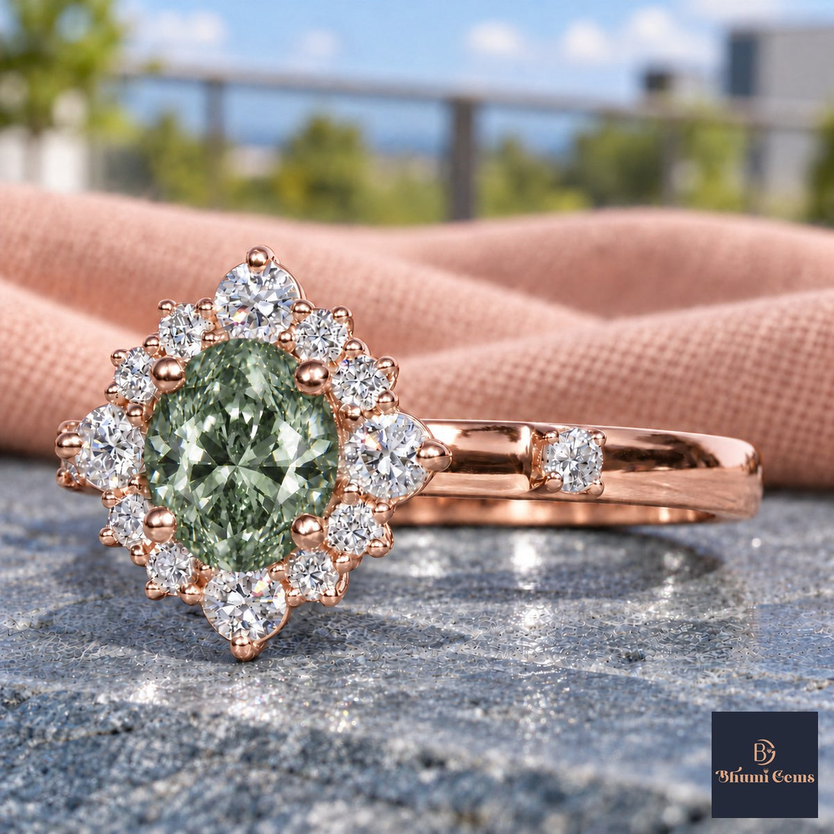 Green Oval Cut Lab Grown Diamond Engagement Ring - Scalloped Halo in rose gold, close-up