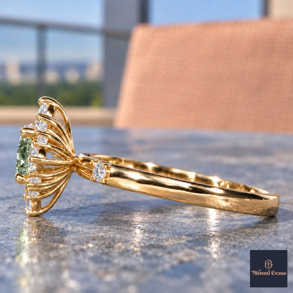 Green Oval Cut Lab Grown Diamond Engagement Ring - Scalloped Halo in yellow gold, side view