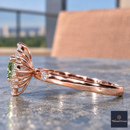 Green Oval Cut Lab Grown Diamond Engagement Ring - Scalloped Halo in rose gold, side view