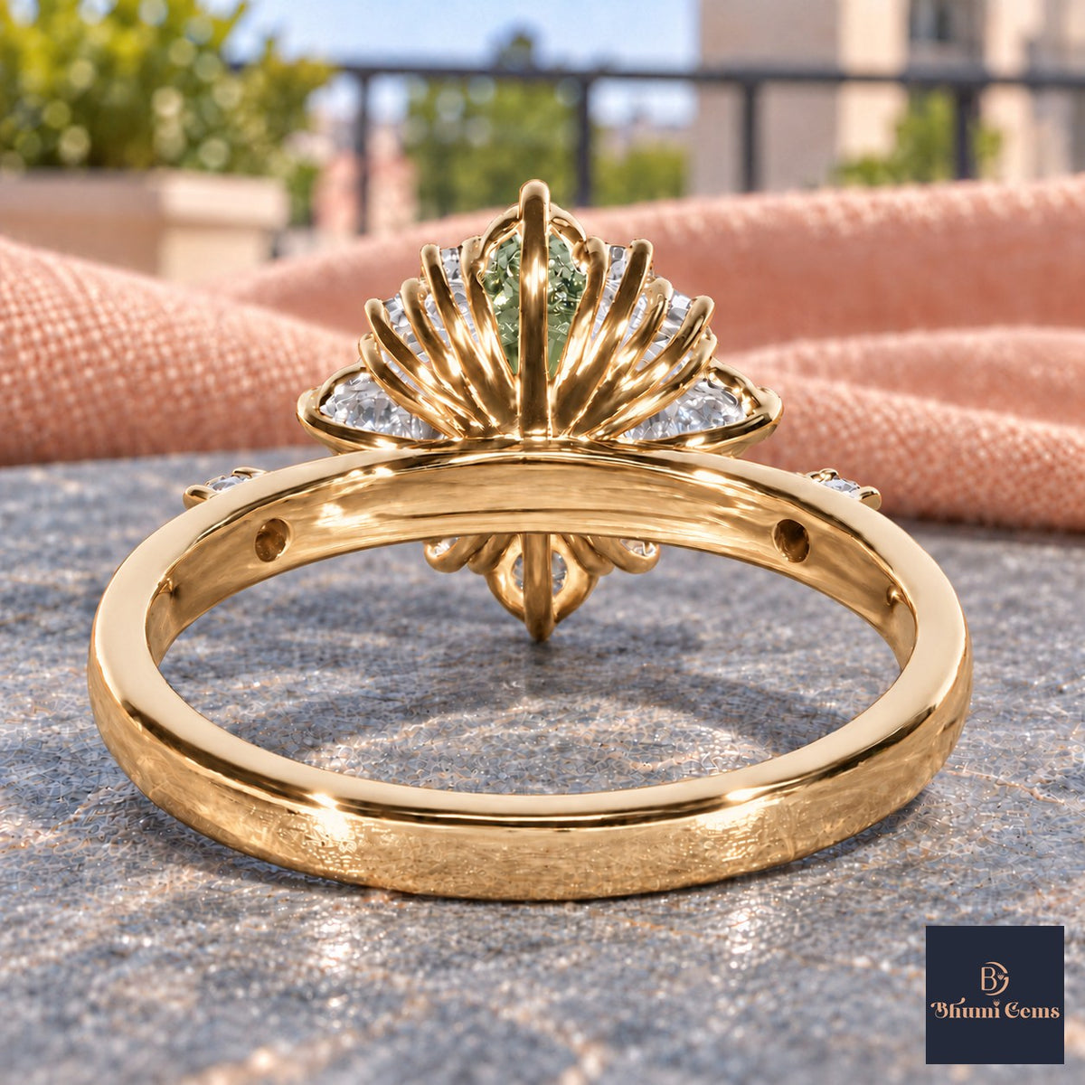 Green Oval Cut Lab Grown Diamond Engagement Ring - Scalloped Halo in yellow gold, gallery view